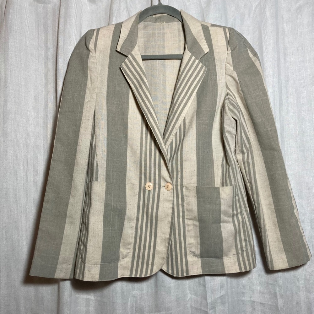 Vintage Striped Linen Blend Blazer Grey Beige Two Button Lightweight Jacket S